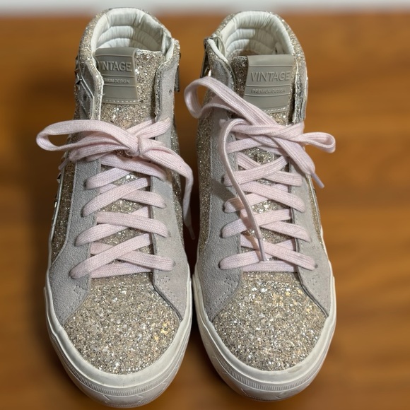 Vintage Havana Hailey High Washed Glitter Sneakers with Star Studs & Pink Laces - Picture 2 of 8